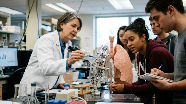 Professor showing lung model to student in laboratory. Scientific researcher teaching biology group about human anatomy. Medical education and innovation in academic study environment.