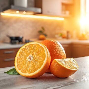 Fresh orange with sliced half beside it, warm orange gradient background, sunlight glow from side