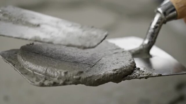 Trowel Covered in Fresh Cement Close Up Masonry Work Detail