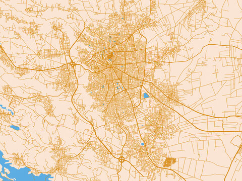 Street network map of Irbid, Jordan, cream map with golden roads