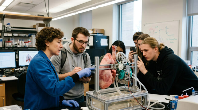 Scientist woman showing robotic lung model to student in laboratory. Engineering technology in medicine. Bioengineering research and education. Medical innovation and artificial organ study.