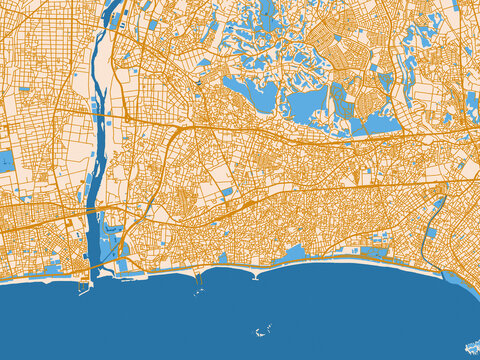 City map of Chigasaki, Japan &mdash; minimal parchment-toned map with golden street network and sky-blue water areas
