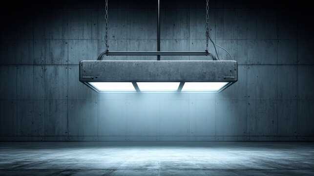Industrial overhead lighting fixture illuminating a concrete space with bright, cool blue light