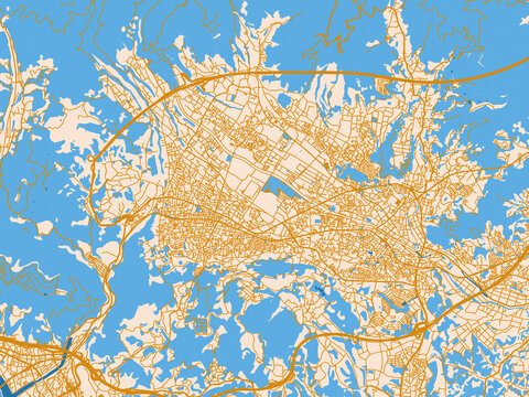 Street network map of Hadano, Japan, cream map with golden roads
