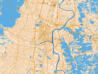 Fototapeta premium Street network map of Hanamaki, Japan, cream map with golden roads