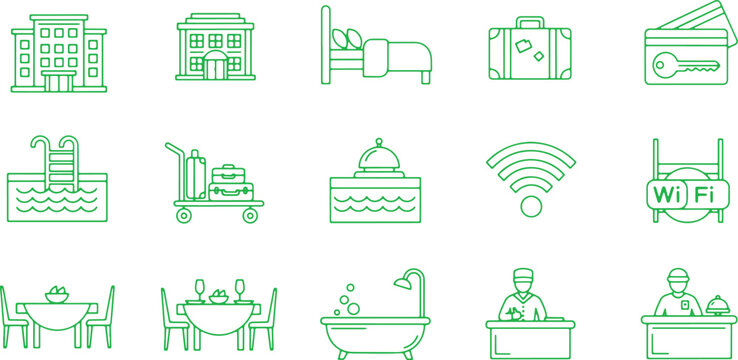 Comprehensive icons representing various hotel and travel amenities and services