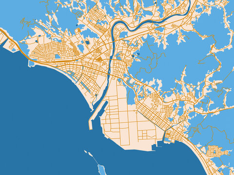 Street network map of Hikari, Japan, cream map with golden roads