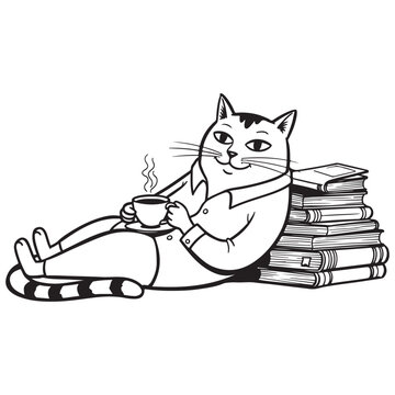 Funny Cartoon Cat Reclining on a Stack of Books Drinking Coffee Illustration for Apparel Design Featuring Whimsical and Charming Style