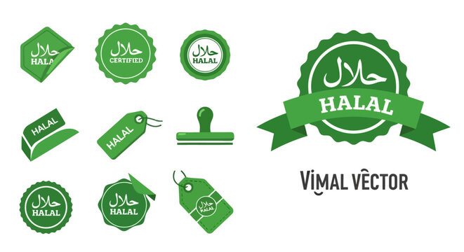 A collection of green halal certification stamps and product labels in a flat vector design style