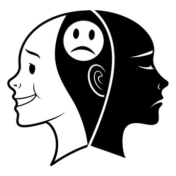 A black and white illustration of a head split in two