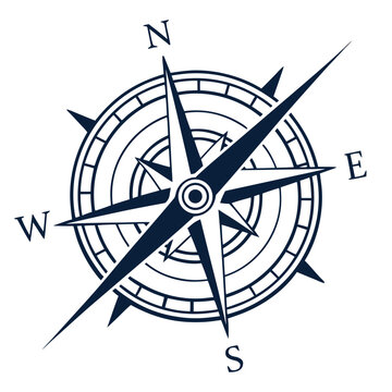A compass with a star and letters on a white background