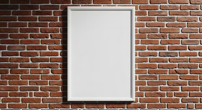 blank white poster frame with black border on red brick wall for display