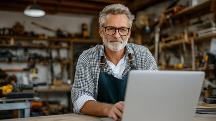 Fototapeta premium Bearded entrepreneur tests prototype kitchen appliance in garage workshop surrounded by tools and failed versions while documenting process for crowdfunding campaign, ideal for inn