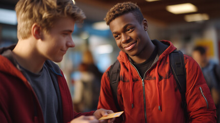 Fototapeta premium Mental health first aid volunteer offers crisis text line card to struggling teenager in school hallway providing discreet access to professional support resources during acute psy