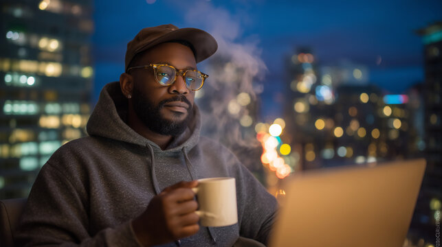 Black founder prepares pitch deck alone in empty accelerator space before dawn, city lights visible through industrial windows with coffee steam rising, perfect for startup prepara