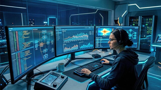 Software Engineer Debugging API Data Flow with Futuristic Multi Screen Interface