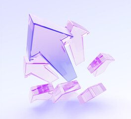Abstract glass arrows 3D background with holographic gradient. High speed effect up, iridescent transparent triangle lines, top view. Tech innovation, business growth, moving forward. 3D illustration