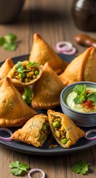 Plate of freshly fried Indian samosas with vegetable filling and mint chutney.