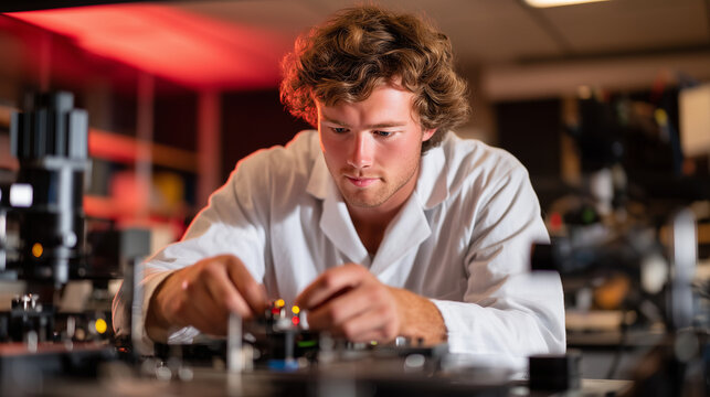 Graduate researcher assembling quantum entanglement experiment using precision optical components on breadboard while consulting reference schematics under red darkroom lighting co
