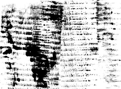 Distressed grunge ink texture overlay, isolated black monotype print on transparent, PNG