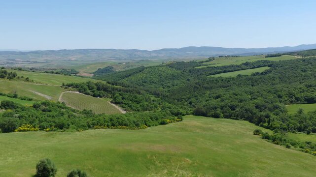 Aerial View of Rolling Green Hills in Val d&rsquo;Orcia, Tuscany