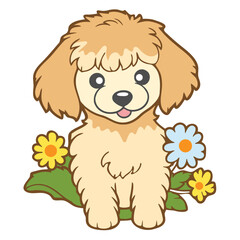 Fototapeta premium A cute cartoon dog sitting among colorful flowers in a playful illustration
