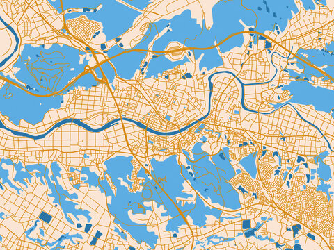 Street network map of Miki, Japan, gold and blue map palette