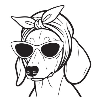 Line Art Illustration of a Cool Dachshund Dog Wearing Sunglasses and a Bandana, Perfect for Apparel and Fun Pet-Inspired Design Projects