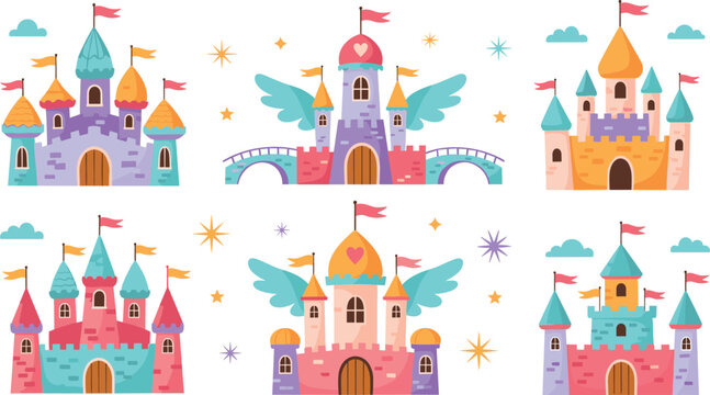 Cute Fairy Tale Castles Set with Colorful Princess Palaces and Fantasy Kingdom Buildings Vector Illustration