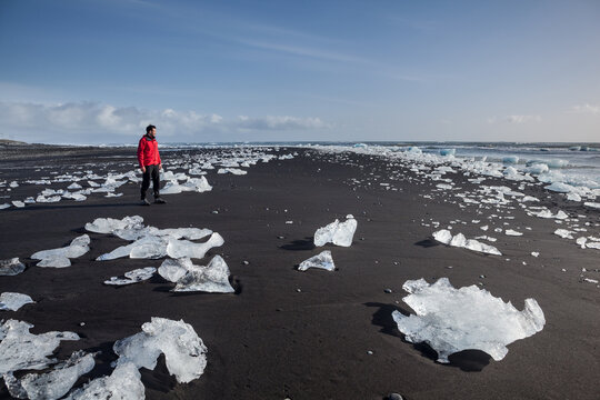 Man standing alone on black sand beach surrounded by icebergs, J&ouml;kuls&aacute;rl&oacute;n, Iceland