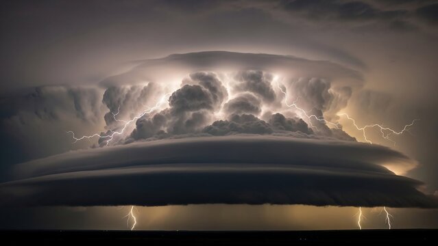 Dramatic Supercell Thunderstorm with Intense Lightning Strikes Illuminating the Night Sky.