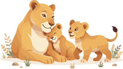 Fototapeta premium Lioness with Cubs Family Illustration Showing Motherhood Love Care and Protection in Cute Wildlife Cartoon Style for Kids Nursery and Educational Design
