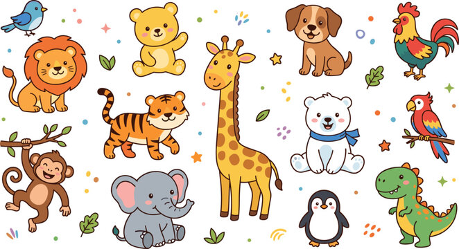 Cute Baby Animals Cartoon Collection with Lion Tiger Giraffe Elephant Monkey Bear Dog Birds Dinosaur for Kids Nursery Design and Educational Illustration