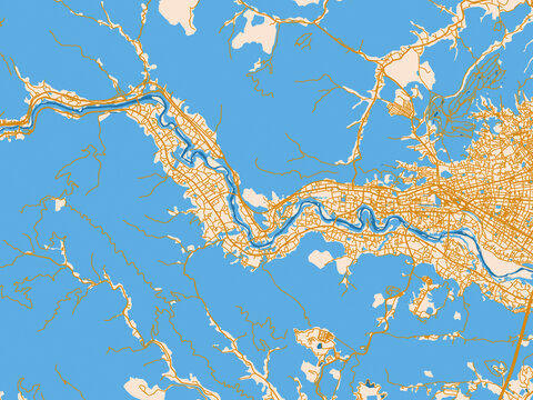 Street network map of Ome, Japan, featuring warm neutral map design featuring golden roads, pale cream land and bright blue water accents