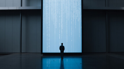 Fototapeta premium Person standing before large digital screen with data flow. Technology, artificial intelligence, big data, cybersecurity and future innovation concept.