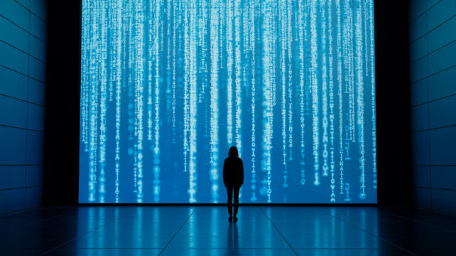 Person standing before digital data wall with falling code. Big data, artificial intelligence, cybersecurity, information flow and future technology concept.