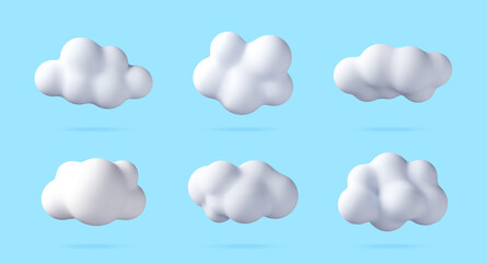 Fototapeta premium Set of 3d fluffy clouds isolated on blue background. Cartoon style cloud collection for weather design and sky concept. Minimalist abstract graphic element for digital art project. Vector illustration