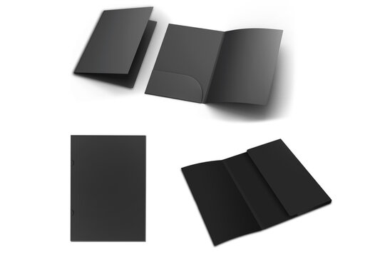 Empty blank black cardboard paper open and closed folder. Front cover and opened with paper inside. Mock up isolated on a white background. 3d rendering.