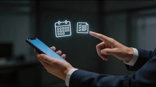 Businessman selecting digital calendar interface with checklist, task management, schedule planning, productivity workflow. Concept of time management, business organization, project planning.