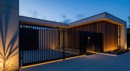 Fototapeta premium Modern home exterior at dusk illuminated entrance and architectural design