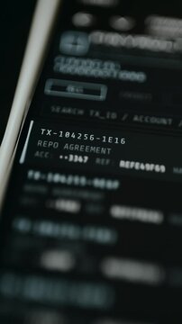 Financial database interface with TX IDs, account numbers, and hash values