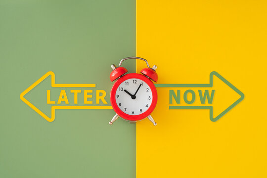 analog red clock and   now and later text inside arrow on grunge two color background