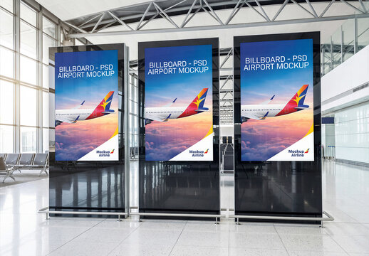 Three Vertical Billboards In Bright Clean Airport Interior Mockup