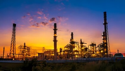 Obraz premium A twilight scene reveals industrial structures with glowing lights against a vibrant sky. Silhouetted plants frame the view