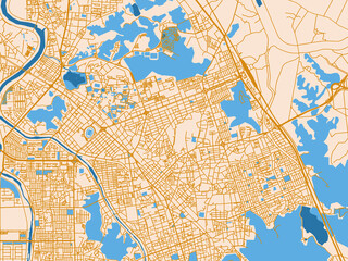 Naklejka premium City map of Wanju, Republic of Korea — warm cream background with golden road lines and bright blue water in a clean flat cartographic style