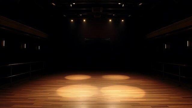 footlights. An empty theater with a wooden stage, softly lit by recessed footlights. real-estate listings, architecture portfolios, designed for interior renovation comparisons for interiors.