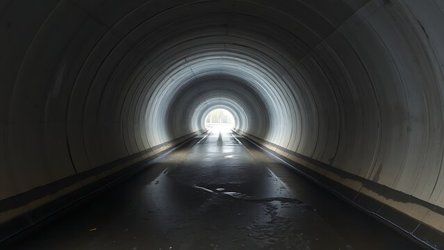 undernourishment. A concrete drainage pipe under a road, wet interior with dripping water, tunnel perspective. real-estate listings.