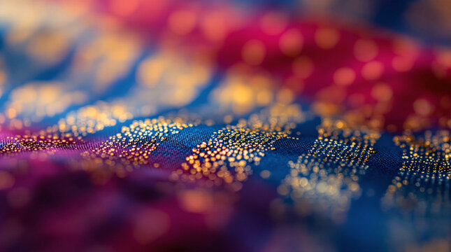 Macro Close-up of Luxury Indian Silk Fabric with Intricate Gold Thread Embroidery and Shimmering Bokeh Background