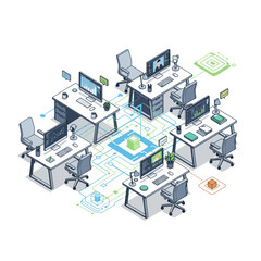 Obraz premium Isometric office workspace with interconnected computers and data flow.