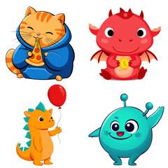 Obraz premium Cute Cartoon Characters Set PNG Funny Animals Monster Dragon Cat Isolated on Transparent Background